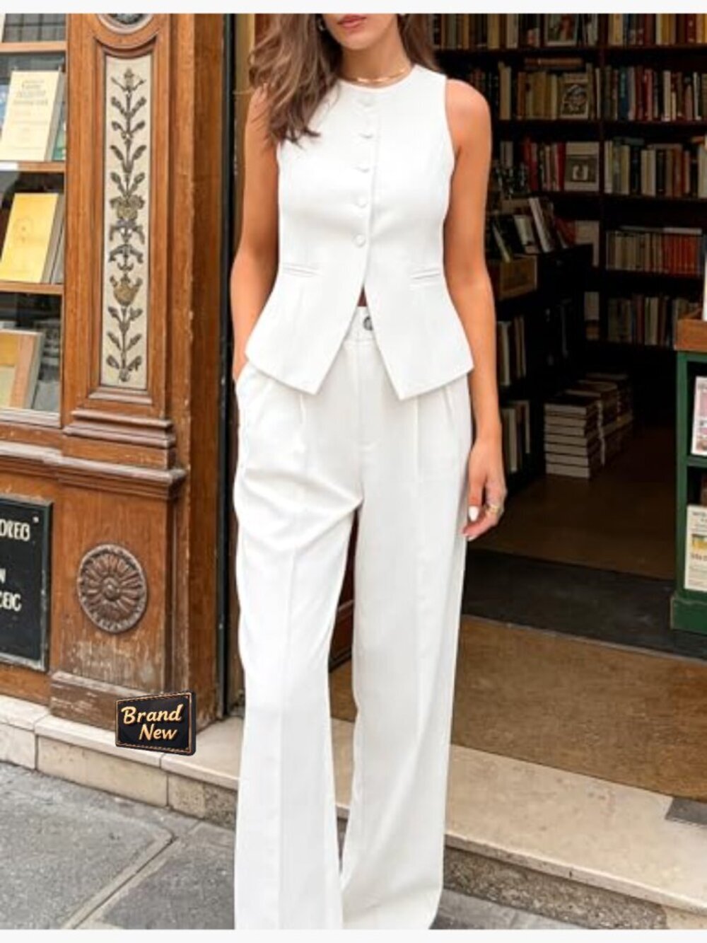 Sleeveless Blazer Vest Wide Leg Pants 2 Piece Suit Set Business Casual Work - Picture 3 of 7